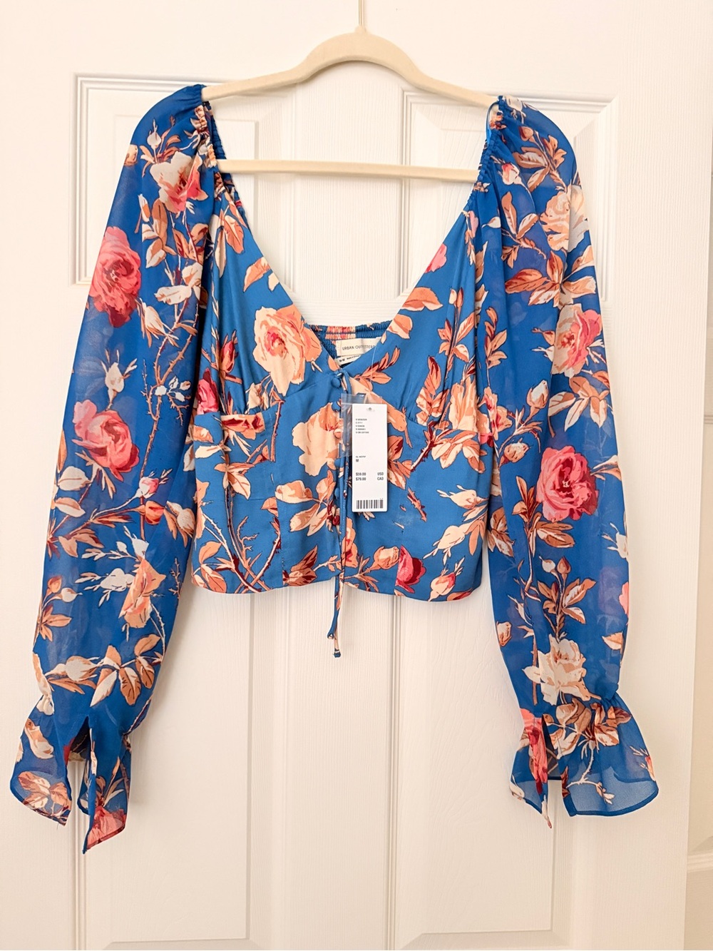Urban Outfitters Cropped Long Sleeve Blue Floral Blouse